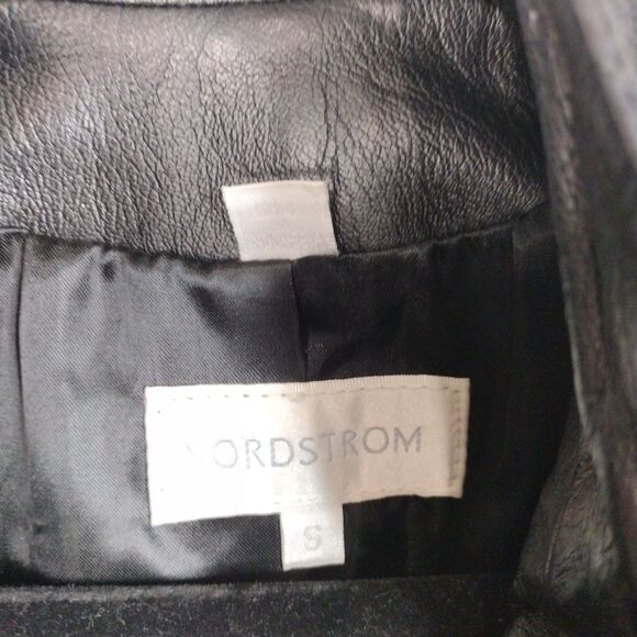 Nordstrom Black Leather Moto Full Zip Vest Zip Pockets Womens Size S Lined Biker - Picture 6 of 8